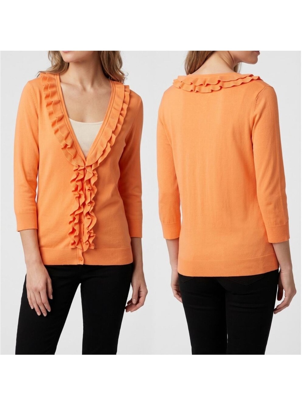 Talbots pima cotton orange ruffle cardigan sweater top Halloween Thanksgiving L